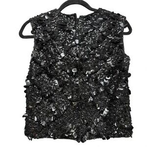 Vtg Sequin Shell Top Blouse Womens Small Black Sleeveless Geometric Evening